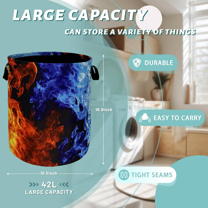 Red Blue Fire Flame Laundry Basket Foldable With Handles Cool Tote Bag Oxford Cloth Colorful Laundry Hamper Clothes Storage Bucket Toy Organizer For Bathroom/Laundry/Bedroom 18.9" x 16.5 "