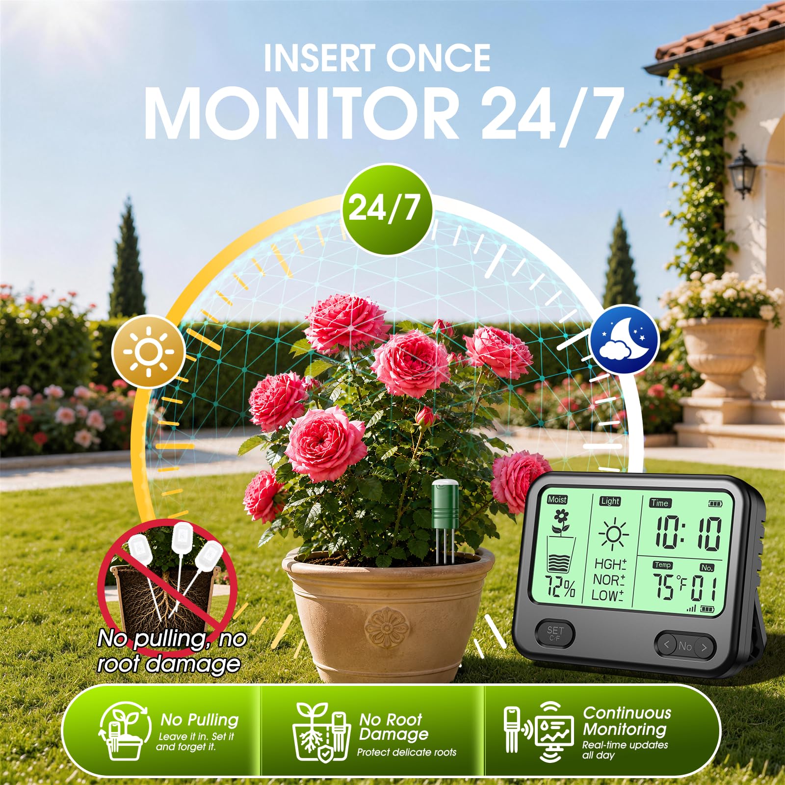 Soil Moisture Meter for Plants,4-in-1 Wireless Soil Tester,Soil Thermometer/Moisture/Sunlight