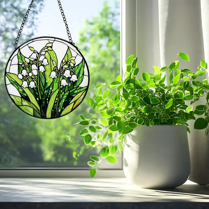 Stained Glass Window Hanging, Lily of The Valley Flower Diamond Glass Panel Suncatcher Green Plant Sun Catchers for Home Garden Balcony Window Decor, Plant Lover Gifts (11.8 Inch)