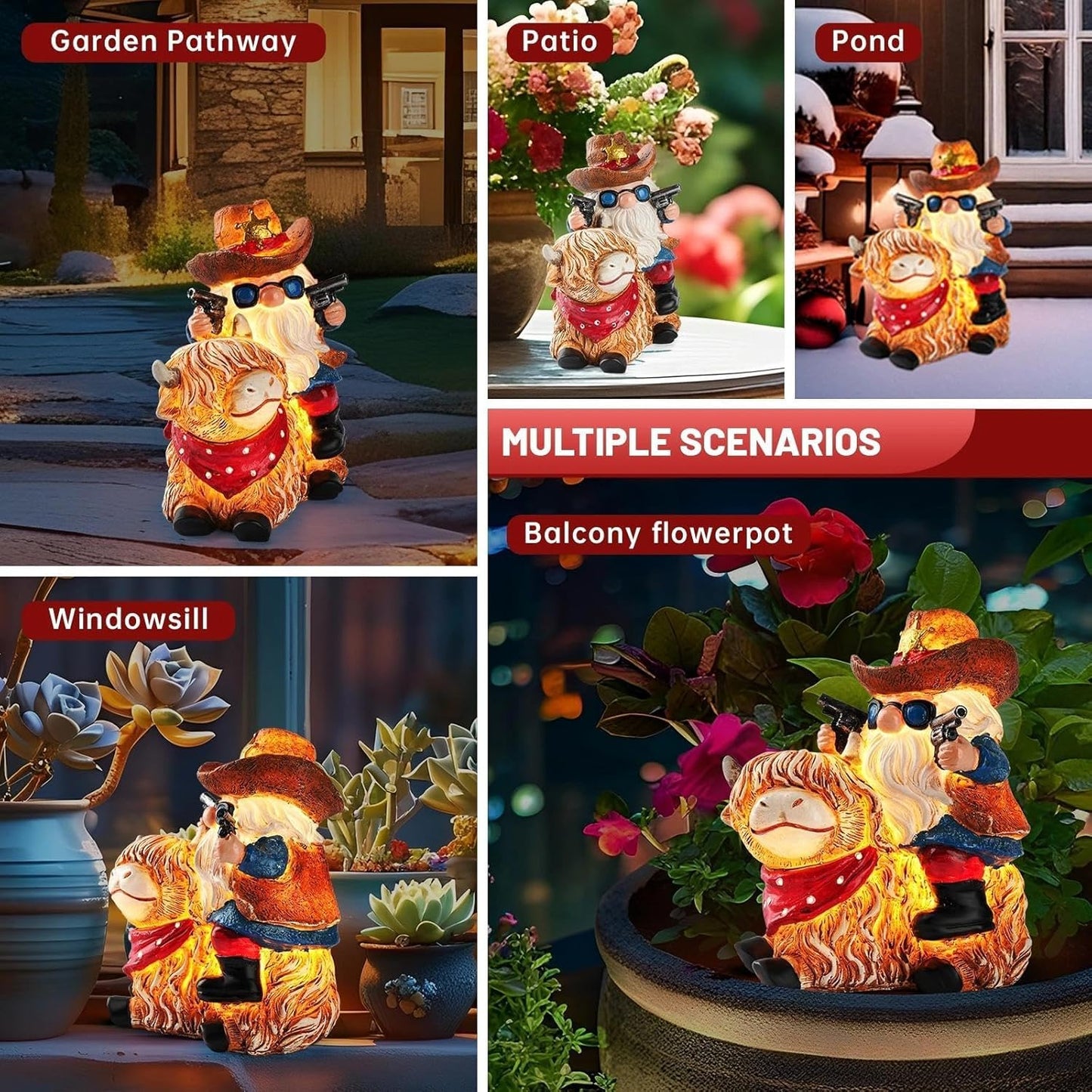 Solar Highland Cow Gnome Statue - Hand-Painted Resin Outdoor Decor for Garden & Yard, Unique Mothers Day Birthday Gifts for Grandma Women (Weatherproof)