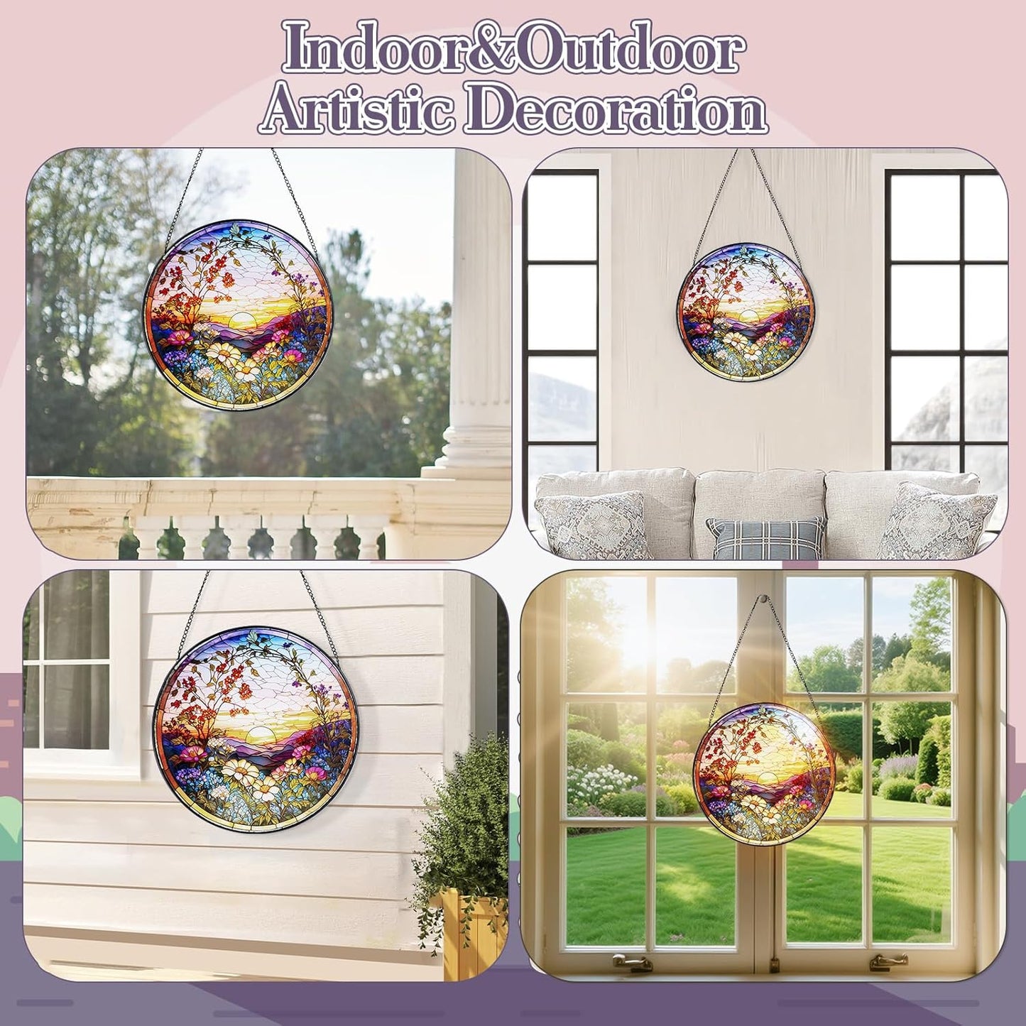 Stained Glass Window Hanging Sunset Suncatcher, Renyalora 10 Inch Round Real Glass Panel with Mountain Landscape and Wildflower Sun Catcher for Indoor Windows, Home, Garden, or Outdoor Wall Decor