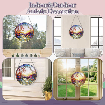 Stained Glass Window Hanging Sunset Suncatcher, Renyalora 10 Inch Round Real Glass Panel with Mountain Landscape and Wildflower Sun Catcher for Indoor Windows, Home, Garden, or Outdoor Wall Decor