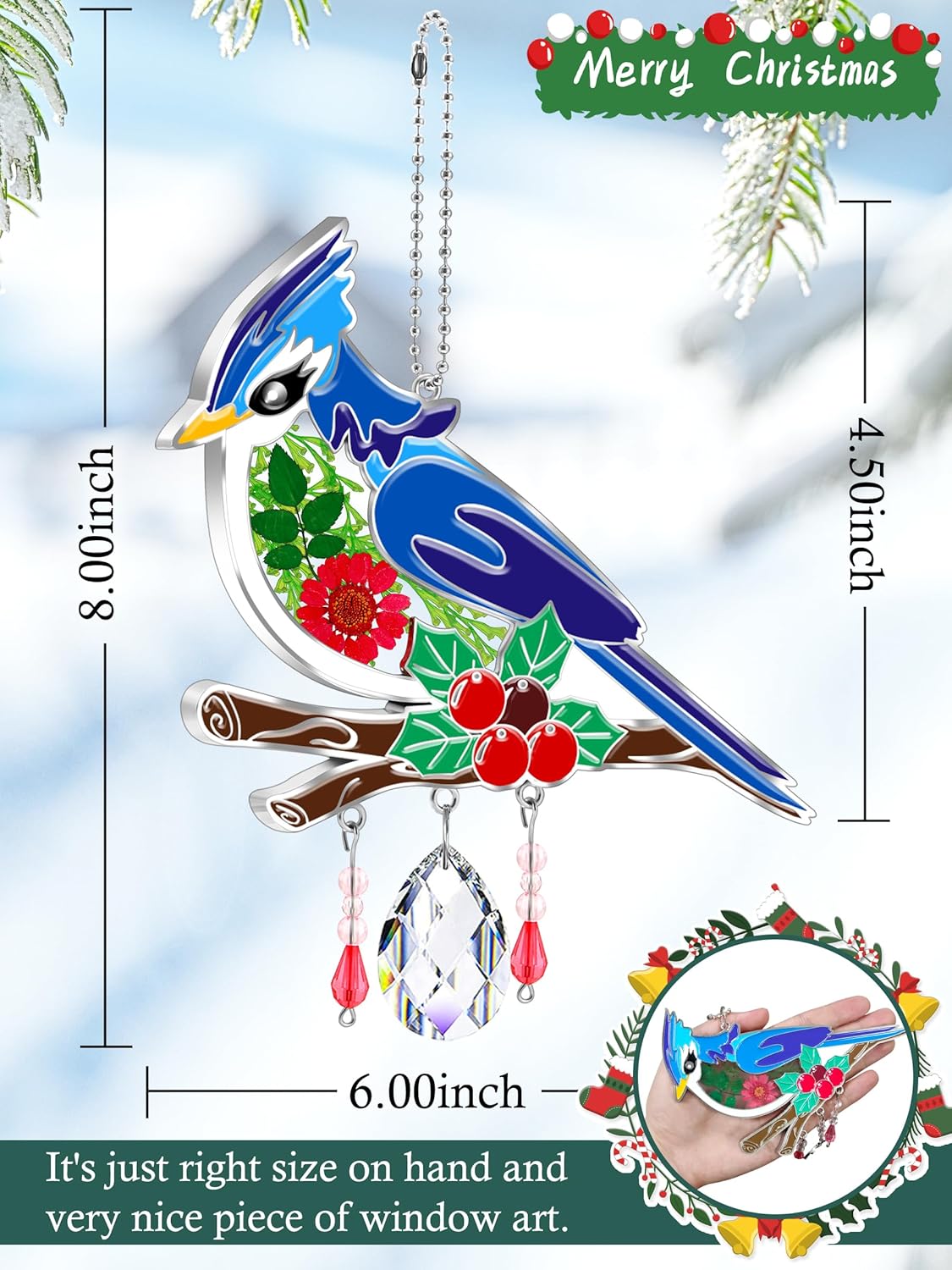 KY&BOSAM Blue Bird Suncatcher Gifts for Mom Hand Painted Stained Glass for Windows Hanging Wind Chime Pressed Rearl Flower Wings and Crystal Charm Gift for Mom Mother`s Day Birthday Christmas Decor
