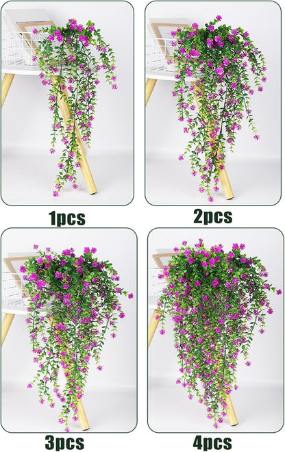 SJL Faux Hanging Plant 4 Pack Hanging Vines Plants Indoor Realistic Artificial Fake Small Hang Plant Leaves Faux Outdoor Plants Plastic Flowers Stem Decor for Wall Room Party (Fuchsia)