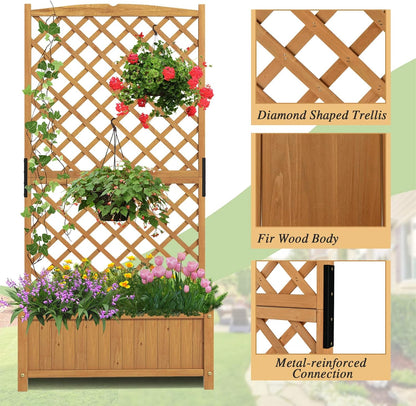 S AFSTAR Raised Garden Bed with Trellis, Indoor & Outdoor Wood Elevated Plant Container with Diamond Shaped Trellis & Drain Hole, Above Ground Garden Bed for Vine Climbing Plants