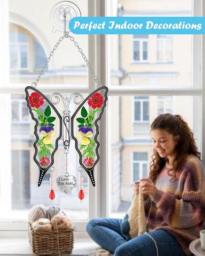 KY&BOSAM Butterfly Suncatcher I Love You Aunt Stained Glass Hanign for Window Catchers with Pressed Real Flower and Heart Charm Home Garden Decor Birthday Gifts for Aunt Mothers Day Christams Ornament