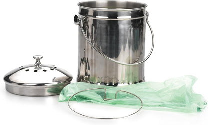 RSVP International Kitchen Collection Compost Pail, Dishwasher Safe, 1 Gallon Capacity, Stainless Steel