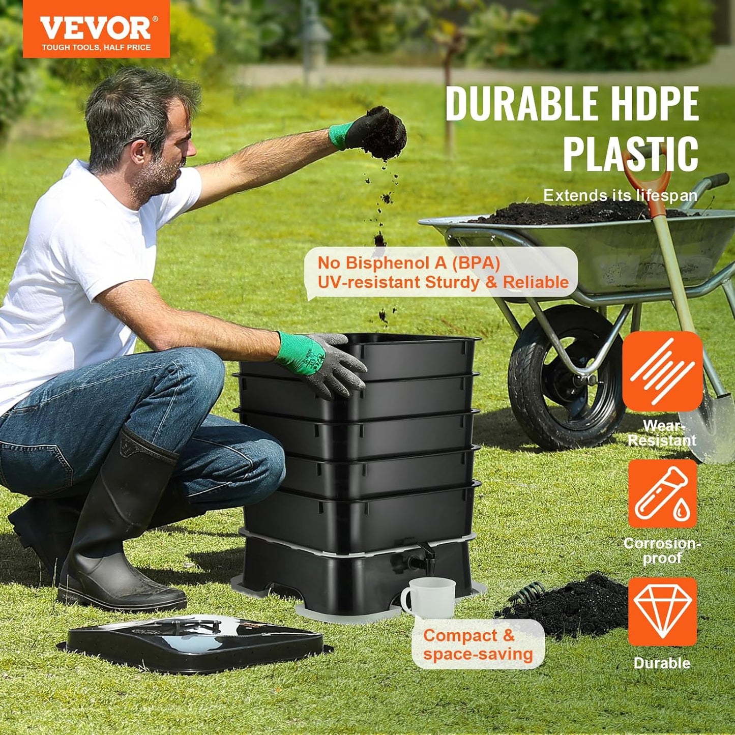 VEVOR 5-Tray Composter, 50L Worm Compost Bin - Indoor/Outdoor Worm Farm Kit for Food Waste Recycling, Vermicomposting & Vermiculture