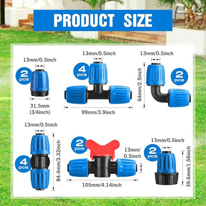 32 Pcs 1/2" Tubing Irrigation Fittings Kit 1/2" ID x 0.6-0.63" OD 16 mm Drip Irrigation Barbed Connectors 4 Switch Valves, 8 Tees, 8 Couplings, 4 Elbows, 4 Ends, 4 Adapters (Blue)