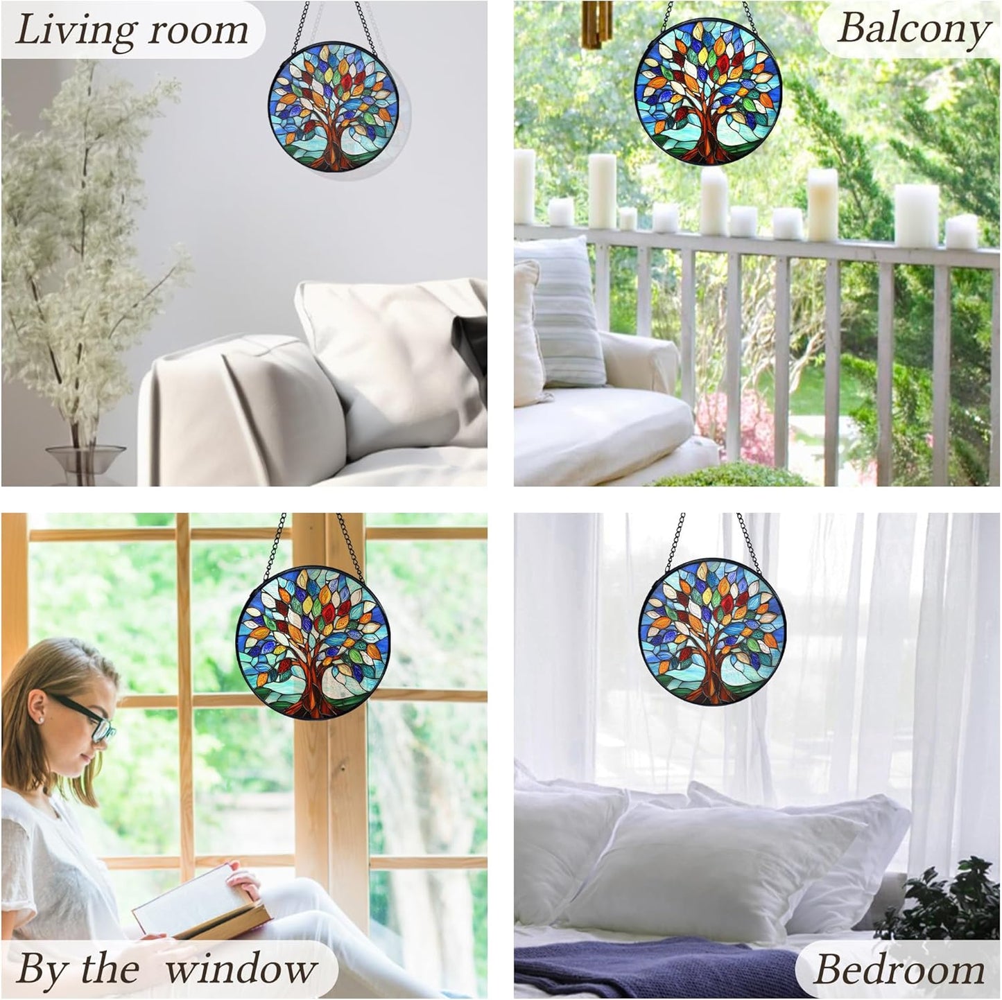 kdqua Tree of Life Suncatcher Stained Glass Window Hanging, Sun Catchers Indoor Window Glass Round Wall Decor, Nature Wall Art Hanging Decorations Statues Christmas & Birthday Gifts, 7.9x7.9in