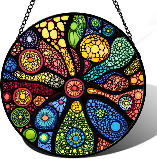 Stained Glass Window Hanging Colorful Abstract Plants 9.8" - Retro Boho Suncatcher Door Garden Sun