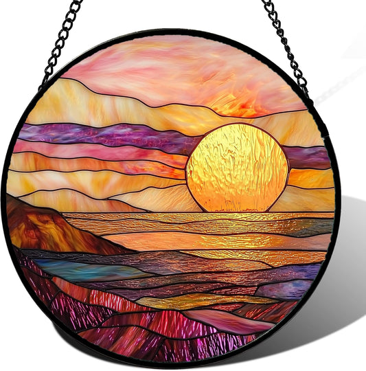 Stained Glass Window Hanging, Sparkling Sea Suncatcher Diamond Glass Panel Hangings Scenery Sun