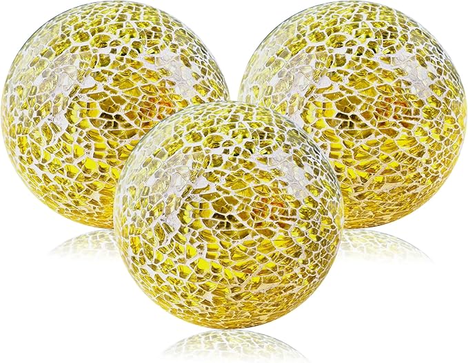 Gold 3.35 Inch Glass Balls Decorative for Bowls Crack Mosaic Orbs Solid Spheres Ball Round Globe Vase Filler Coffee Table Decor Modern Wedding Party 3 Pcs