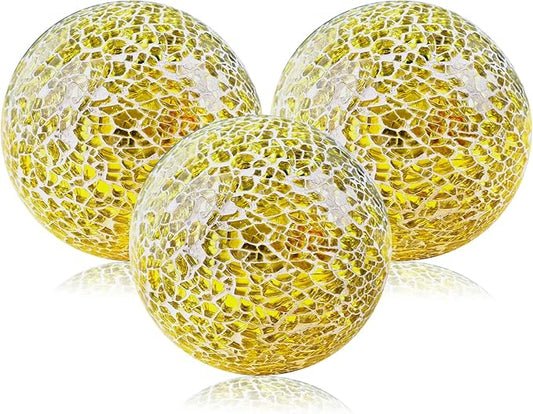 Gold 3.35 Inch Glass Balls Decorative for Bowls Crack Mosaic Orbs Solid Spheres Ball Round Globe Vase Filler Coffee Table Decor Modern Wedding Party 3 Pcs