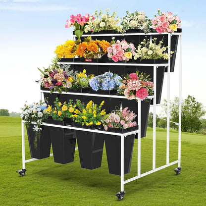4 Layers Flower Display Stand with Buckets, 16 PCS Buckets Plant Stand with Wheels, Movable Metal Plant Stand for Terrace Garden, Living Room, Florist Shop