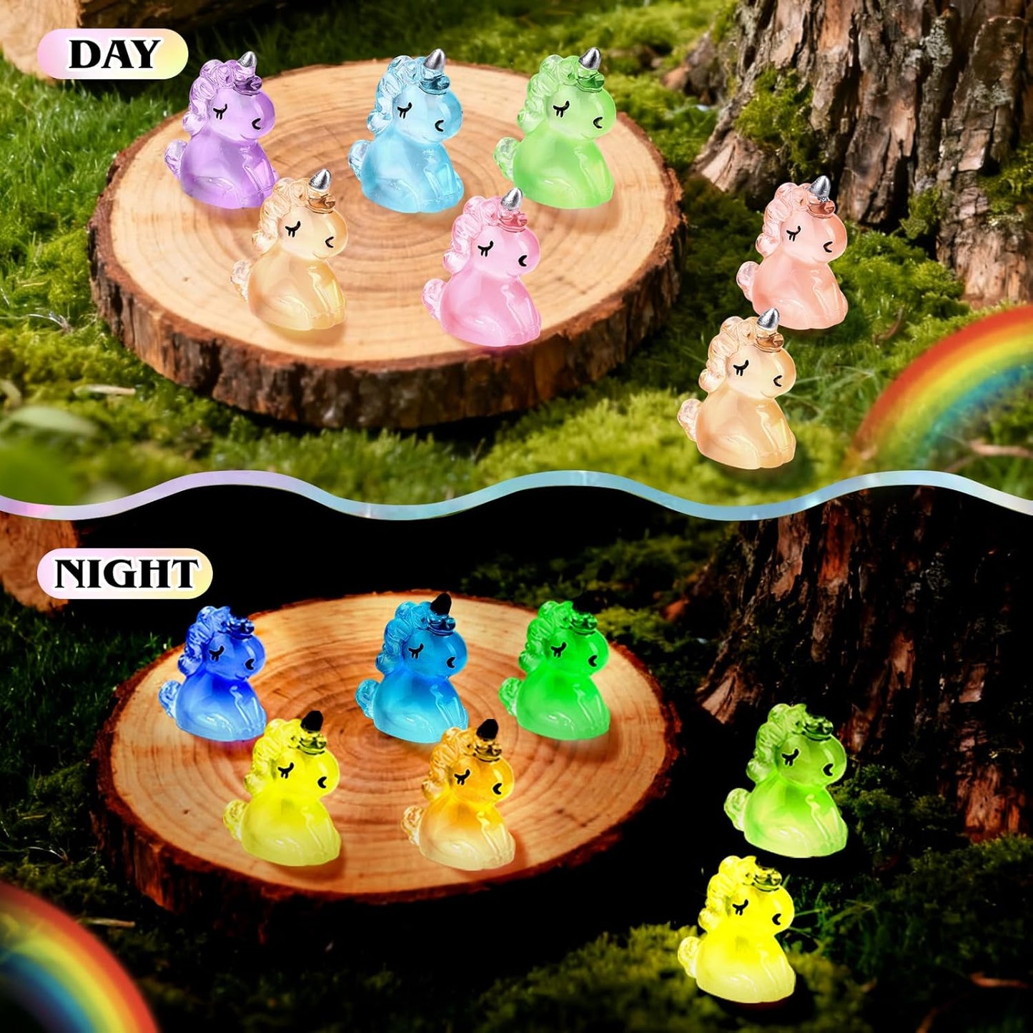 120Pcs Luminous Mini Resin Unicorn Figurines Glow in The Dark Tiny Unicorn to Hide Bulk Plastic Animals for Micro Landscape Fairy Garden Aquarium Dollhouse Birthday Party DIY Crafts Decor