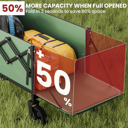 Collapsible Wagon with Wheels & Tailgate, 350LBS Wagons Carts Foldable Heavy Duty, Lightweight Portable Folding Utility Wagon Grocery Shopping Cart for Garden, Camping, Beach (Green)