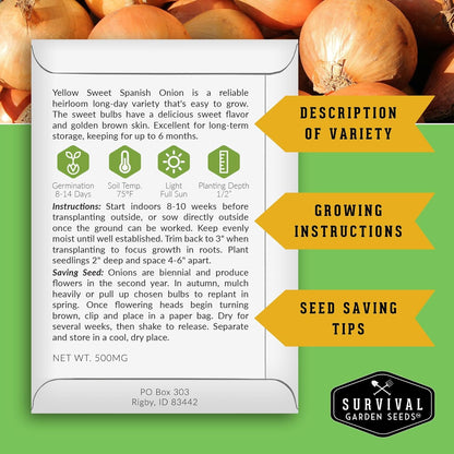 Yellow Sweet Spanish Onion Seed for Planting - 3 Packets with Instructions to Plant and Grow Long Day Onions in Your Home Vegetable Garden - Non-GMO Heirloom Variety - Survival Garden Seeds