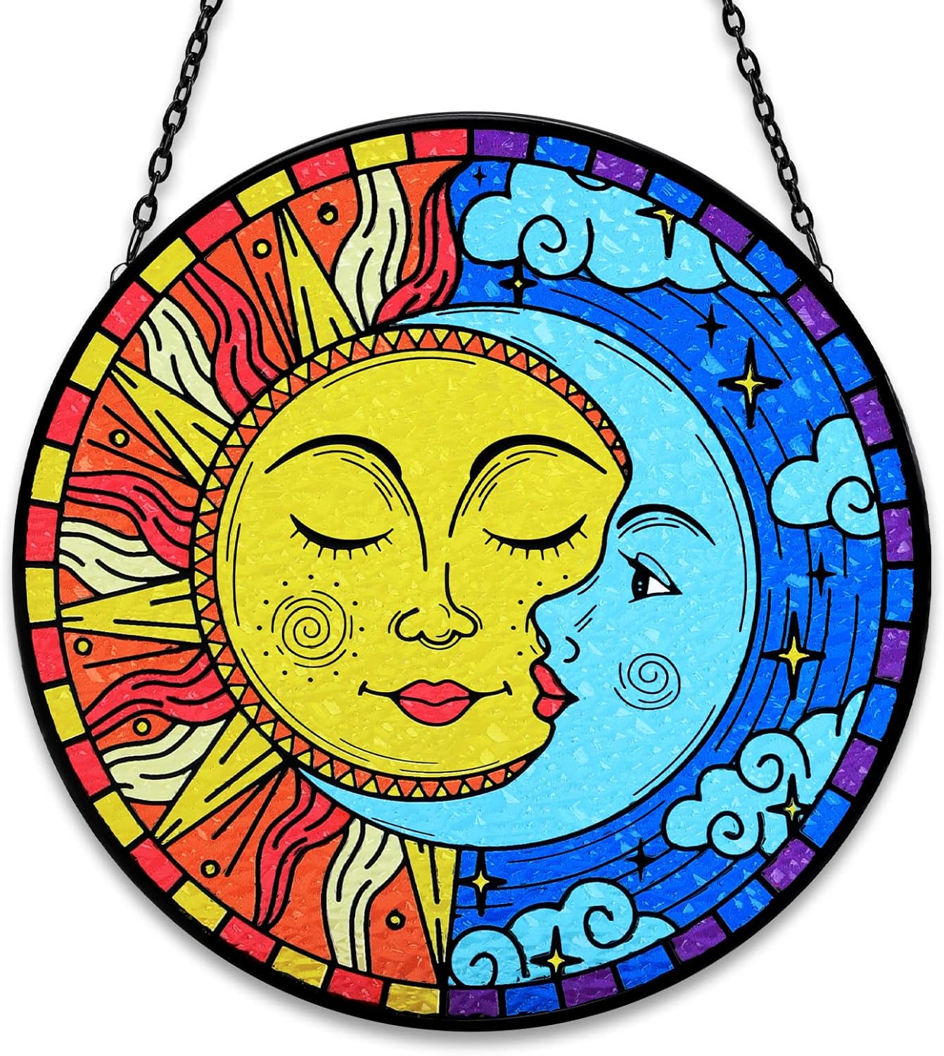 Sun and Moon Decor Stained Glass Boho Suncatcher for Windows Hanging Sun Moon Eclipse Celestial Decor for Garden Living Room Conservatory Witchy Gifts for Women Christmas Thanksgiving Gifts