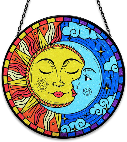 Sun and Moon Decor Stained Glass Boho Suncatcher for Windows Hanging Sun Moon Eclipse Celestial Decor for Garden Living Room Conservatory Witchy Gifts for Women Christmas Thanksgiving Gifts