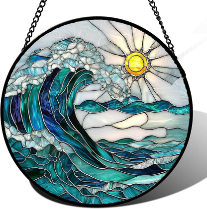 Stained Glass Window Hanging - Blue Green Waves Suncatcher for Door Terrace Garden Home Decor Sunrise Over The Sea Sun Catcher Birthday Gifts for Lovers Women Men Dad Mom Nana7.8 in
