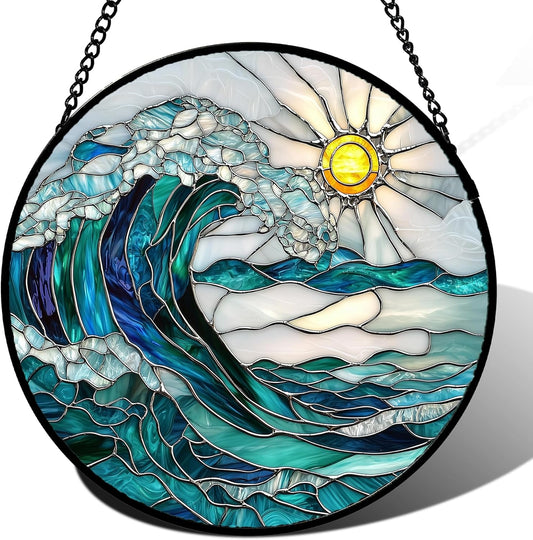 Stained Glass Window Hanging - Blue Green Waves Suncatcher for Door Terrace Garden Home Decor