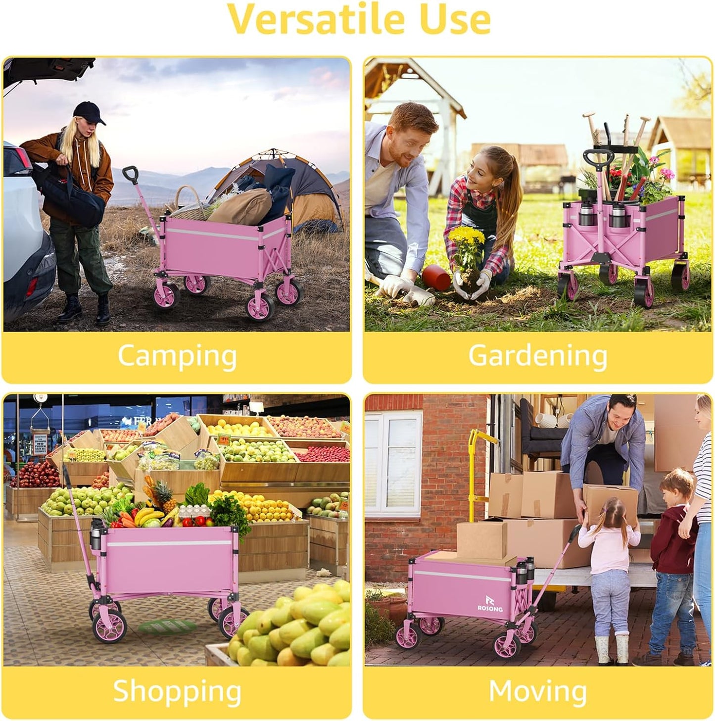 Collapsible Wagon Cart with Wheels Foldable - Folding Utility Heavy Duty Wagons Carts for Grocery Sports Garden Shopping Camping Wheelbarrows (Pink, 90L)