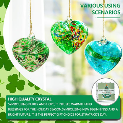 Set of 3 Green Blown Glass Heart Ornaments 4 Inch Hanging Decor for Outdoor Unique Home Garden Patio Decoration for Mom Wife