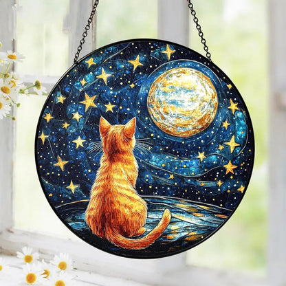 Orange Cat Stained Glass Suncatcher, Starry Night Orange Cat Lovers Gifts Window Hanging Garden Decor, Memorial Pet Loss Sympathy Gift Christmas Birthday for Grandma, Friends, Women