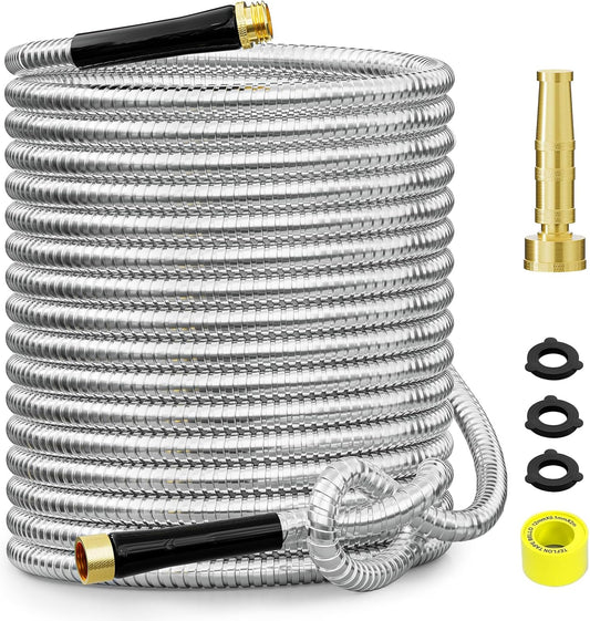SPECILITE 150 FT Garden Hose, 304 Stainless Steel Metal Heavy Duty Flexible Water Pipe, Kink Free, Durable, Lightweight for Yard, Outdoor with Rubber Grip