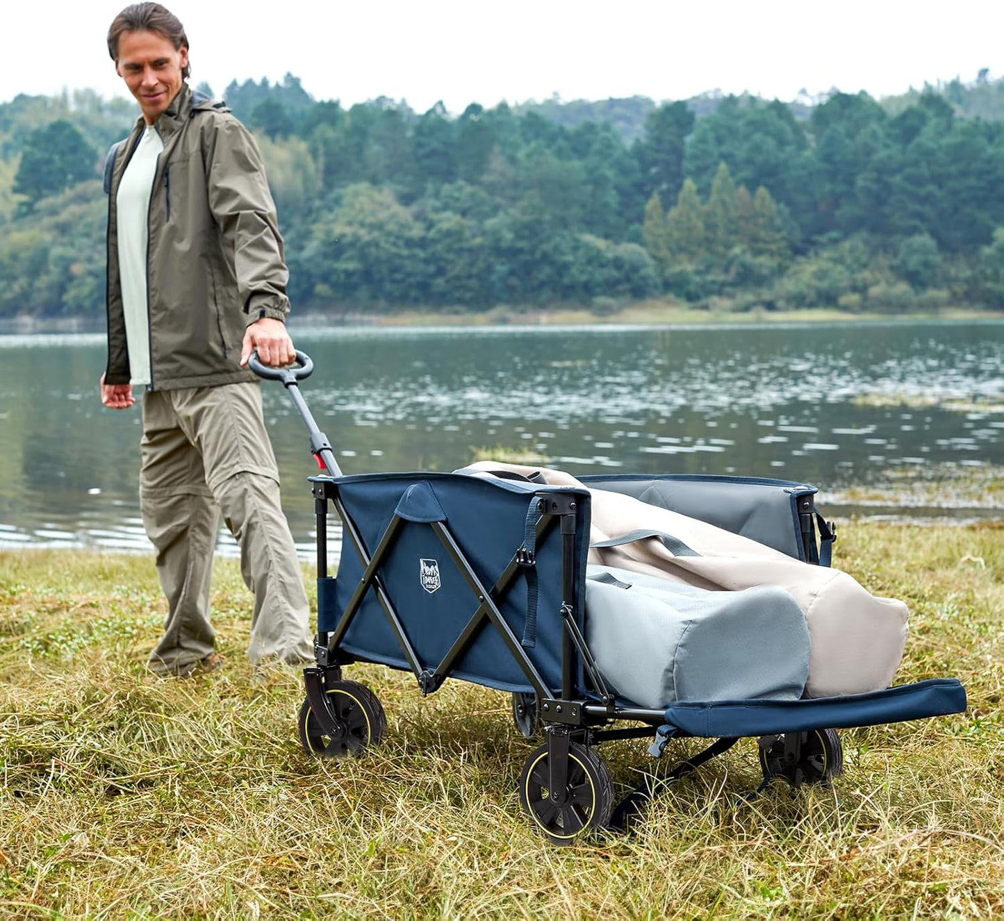 Timber Ridge 49" Extra Long Collapsible Folding Wagon with Tailgate and Brakes, 300lbs Heavy Duty Foldable Wagon with Adjustable Handle, 250L Capacity Portable Cart for Outdoor Camping Sports, Blue