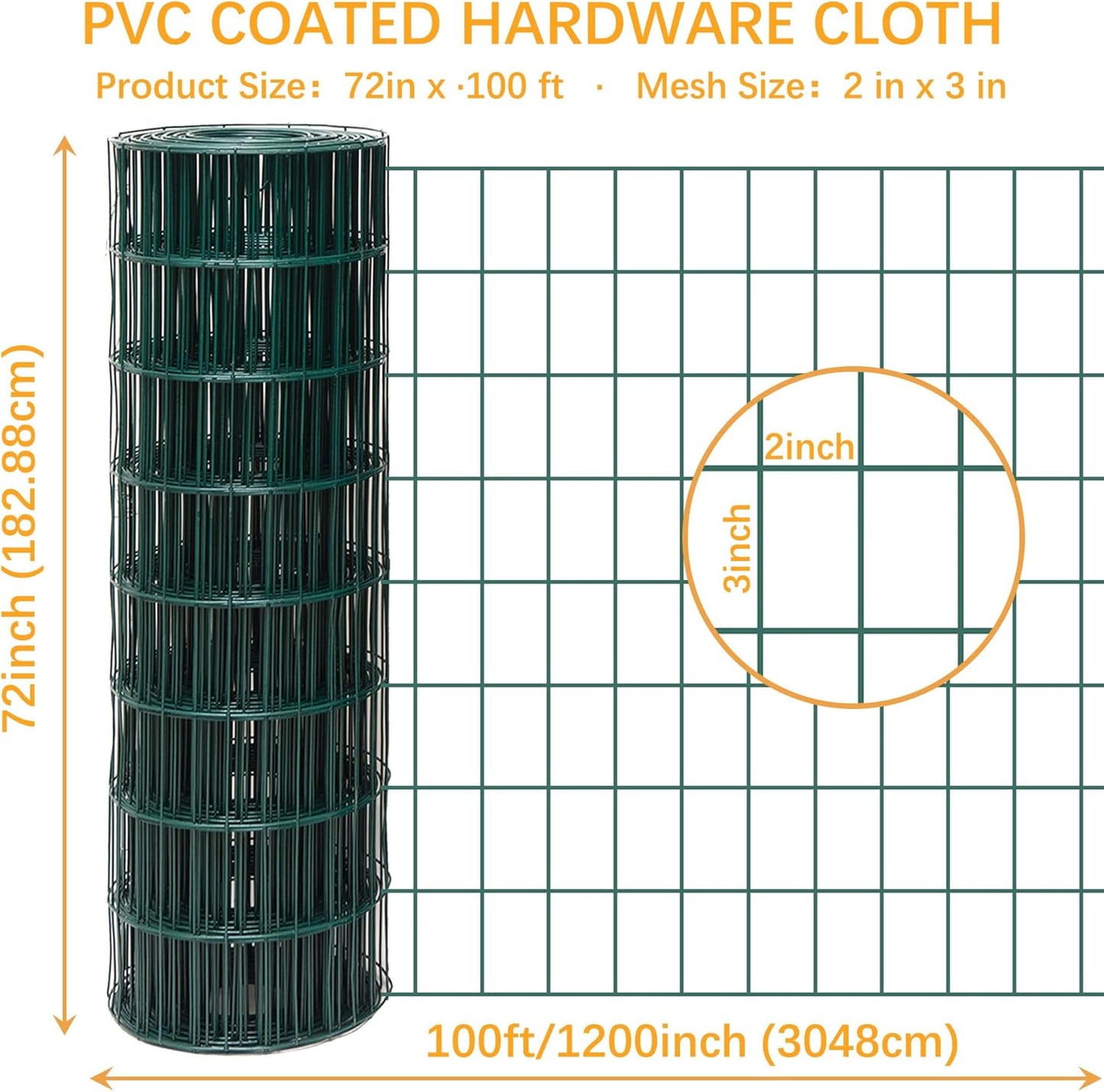 Green Metal Garden Fence, 72inch(H) x 100ft(L), 2 inch x 3 inch,14GA 2/3/4/5/6 Ft Tall Chicken Wire PVC Coated Welded Wire Mesh Roll for Dogs Border Yard Vegetable Plant Protection Poultry Netting
