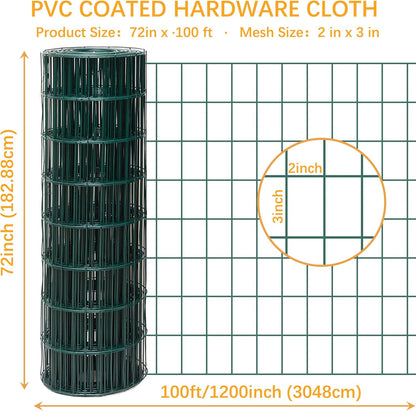 Green Metal Garden Fence, 72inch(H) x 100ft(L), 2 inch x 3 inch,14GA 2/3/4/5/6 Ft Tall Chicken Wire PVC Coated Welded Wire Mesh Roll for Dogs Border Yard Vegetable Plant Protection Poultry Netting