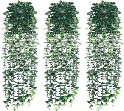 Artificial Hanging Eucalyptus Plants，Fake Plant Eucalyptus Small Decor Faux Hanging Vine Plants Wall Greenery for New Home Decoration，for Floating Shelf Indoor Outdoor Pack of 3