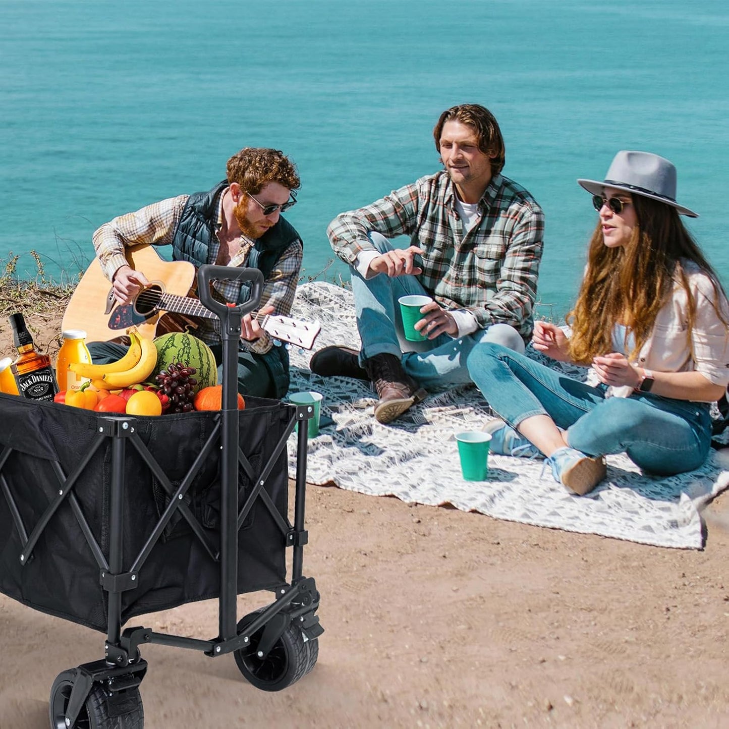 FUNDANGO 600lbs Heavy Duty Wagon, Foldable Beach Collapsible Wagons Garden Cart with Brakes, Side Pockets & All-Terrain Big Wheels for Sports Camping Shopping Groceries, Black