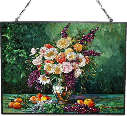 Customized Rectangle Flower Vase with Fruit Stained Glass Window Hangings, Handcrafted Stained Glass Suncatchers, Gift for Cat Lovers Nature Lovers 15"x11"