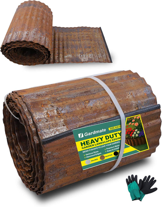 Corrugated Metal Garden Edging, Sturdy Rusty Garden Edging Border for DIY Flower Bed, Lawn and Landscape Edgings, Hemmed Edges Design, Easy Installation with Garden Gloves (12in*20FT)