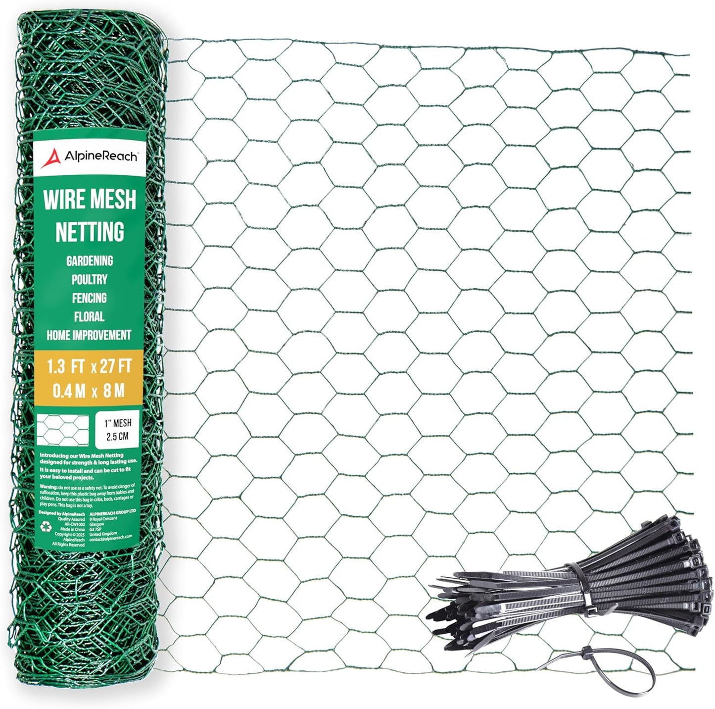 AlpineReach Chicken Wire 1.3ft x 27ft (15.6" x 324") for Floral Arrangements, Zip Ties - Green Mesh Roll Galvanized Hexagonal PVC Coated Garden Netting for Fencing, Crafts, Poultry, Gardening Fence