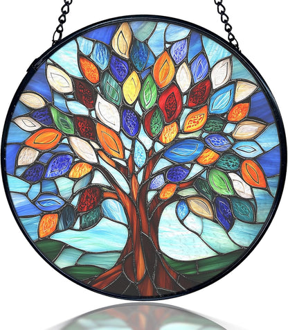 kdqua Tree of Life Suncatcher Stained Glass Window Hanging, Sun Catchers Indoor Window Glass Round Wall Decor, Nature Wall Art Hanging Decorations Statues Christmas & Birthday Gifts, 7.9x7.9in