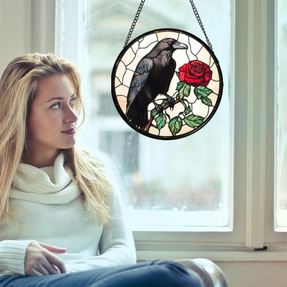 Stained Glass Window Hanging - Black Crow Red Rose Suncatcher for Doors Garden Patio Bird Sun Catchers Decor Christmas Mother's Day Birthday Gifts for Women Men Mom Nana Friend 15 in