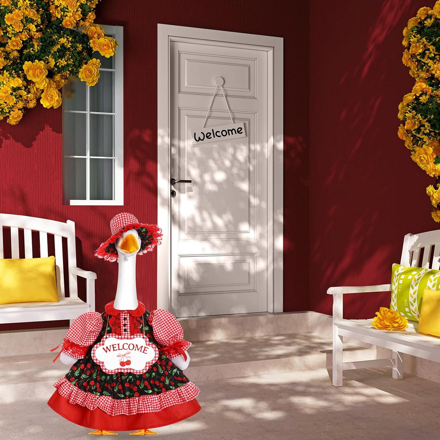 Lolita Goose Outfit Set for 23'' H Plastic Porch Cement Statue Cute Lolita Skirt Fall Spring Summer Goose Costume for Indoor Outdoor Yard Lawn Patio Art Decor(Cherry)