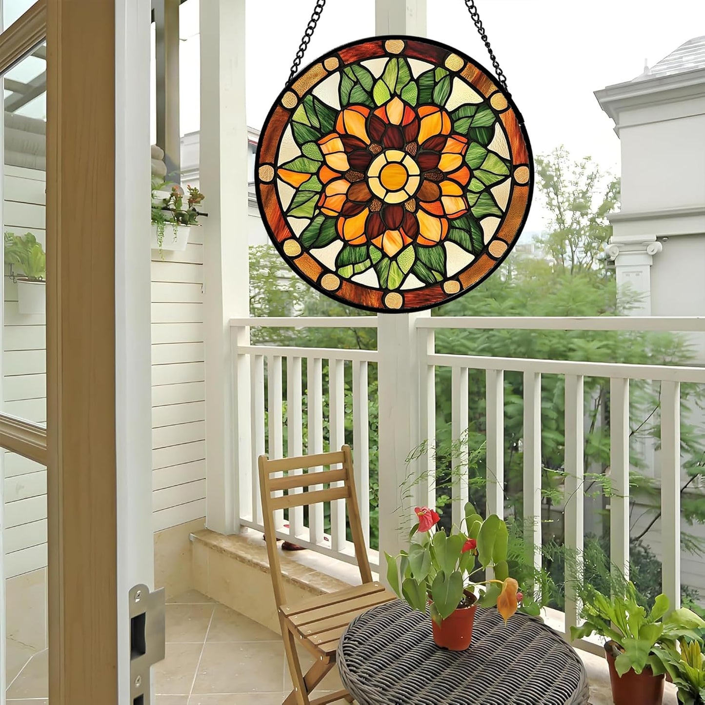 Stained Glass Window Hanging - Yellow Green Boho Style Flowers Sun Catcher for Door Garden Home Decor Suncatcher Christmas Mother's Day Birthday Gifts for Women Mom Girl Nana Friend 11.8 in