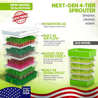 ZESTIGREENS 4-Tier Sprouting Kit with Drain Spout – Stackable Seed Sprouter Trays for Growing Fresh Sprouts at Home – BPA-Free, Easy Rinse & Drain System