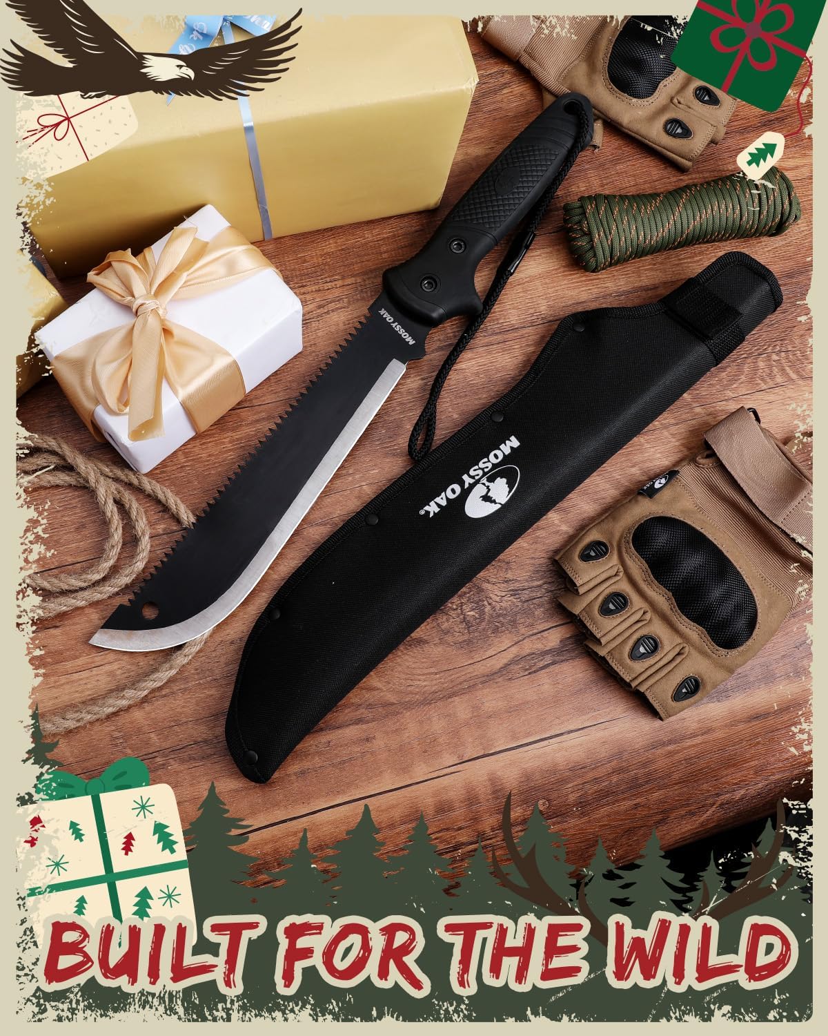 MOSSY OAK Machete with Saw, 19" Sharp Machete with Sheath, Ergonomic No-Slip Handle, Machetes for Bushcraft, Outdoor Hunting, Garden Cutting Trees and Yard Work