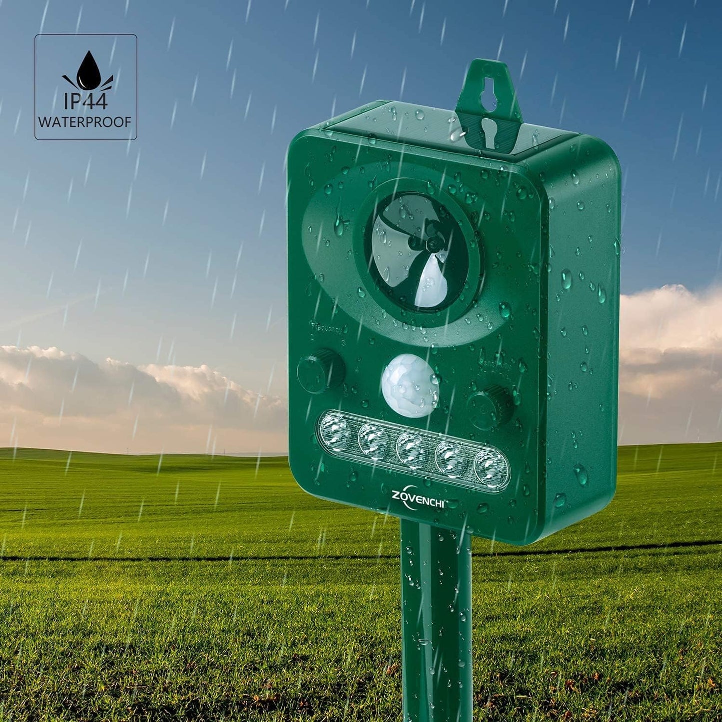 Ultrasonic Animal Deterrent with Flashing Strobe Light, Solar Powered Outdoor Repeller for Raccoons, Cats, Deer, Squirrels, Motion-Activated, Humanely Protects Garden & Lawn.