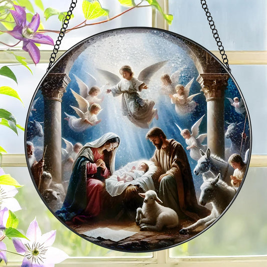 Stained Glass Window Hanging, LAOWEIKI 8'' Nativity Scene Suncatcher, Stained Glass Ornament