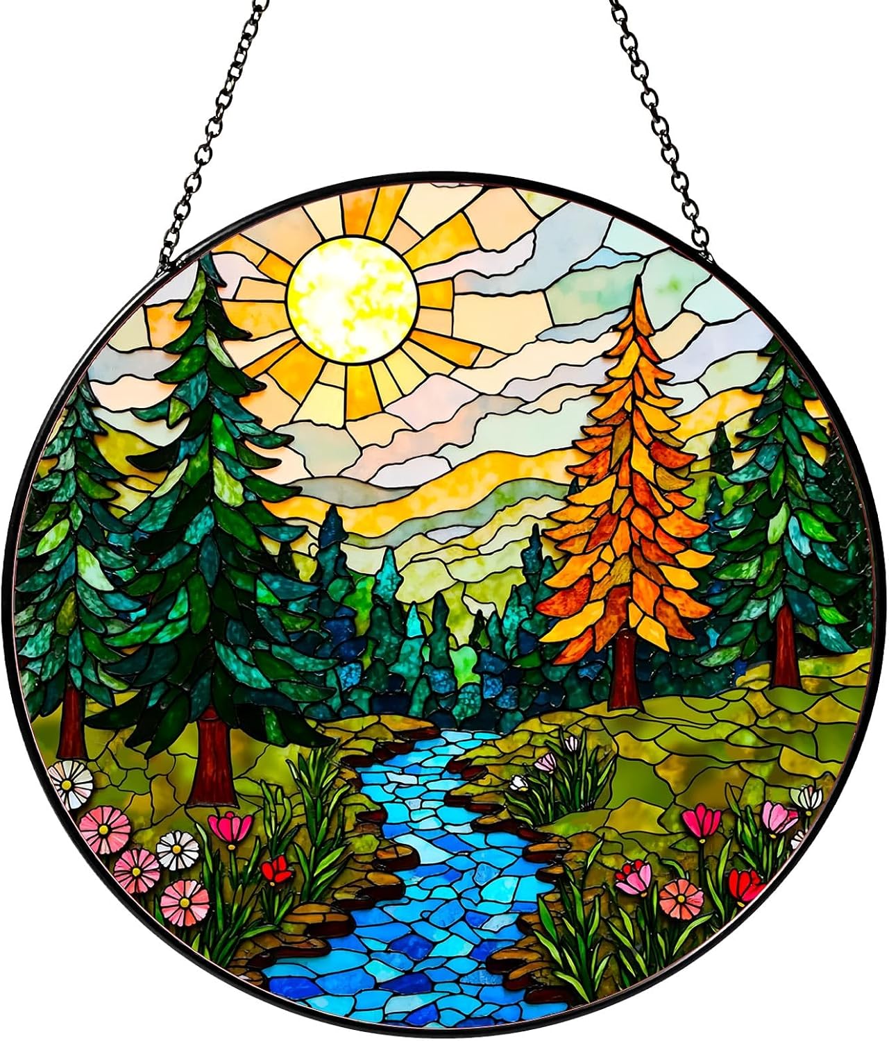 Forest Stained Glass Window Hanging Forest Sun Catcher Decor Nature Lovers Gifts for Women Suncatchers for Garden Home Windows Hanging Decoration, 7.87inch