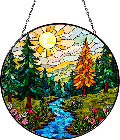 Forest Stained Glass Window Hanging Forest Sun Catcher Decor Nature Lovers Gifts for Women Suncatchers for Garden Home Windows Hanging Decoration, 7.87inch