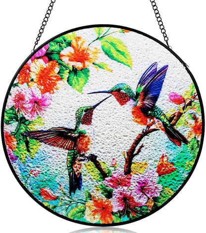 Suncatcher Hummingbird Stained Glass Window Hanging, 7.87" Round Sun Catcher for Wall & Window Decor, Vibrant Stained Glass Art Panel,Unique Ideal Housewarming Gifts for Bird Lovers