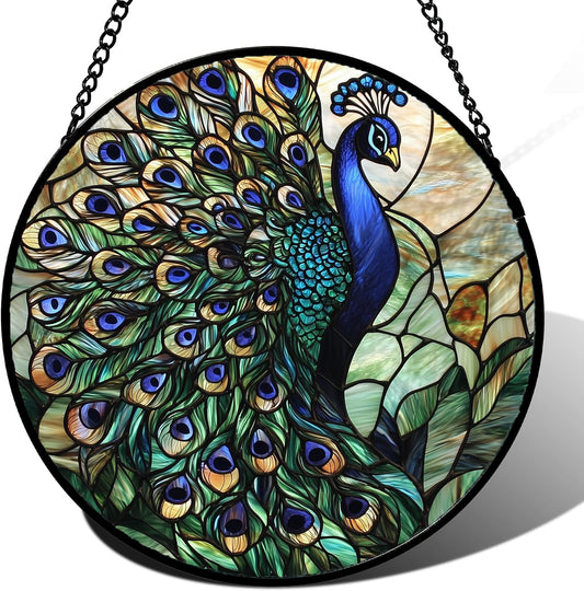 Stained Glass Window Hanging, Turquoise Peacock Sun Catcher for Door Home Decor Blue Green